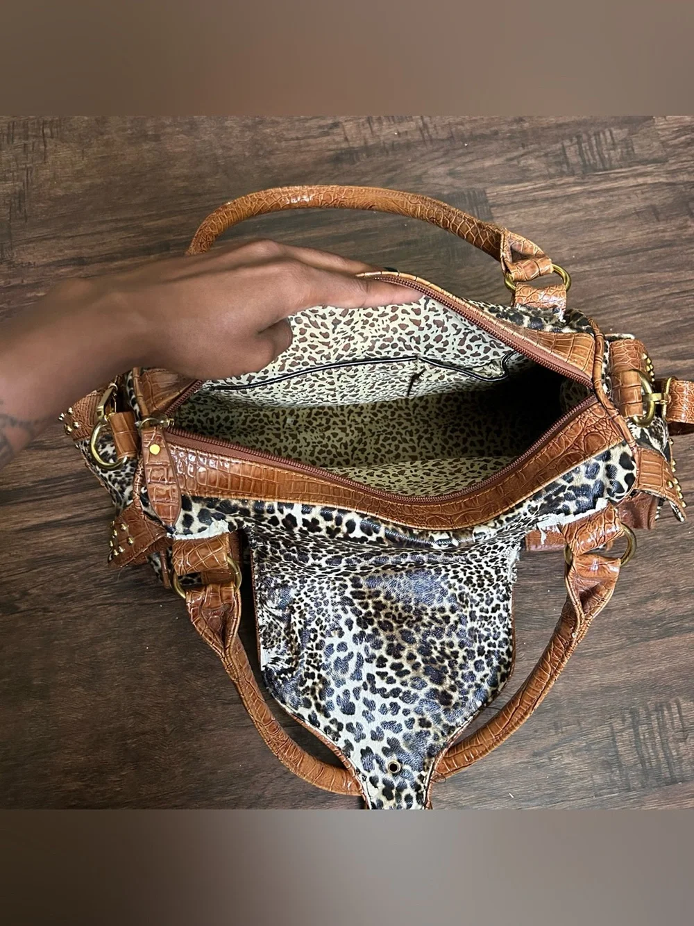 Leopard Print and Brown Studded Satchel Handbag